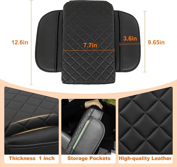 Center Console Armrest Cover for 2026 2025 2024-2021 Jeep Grand Cherokee L Accessories Arm Rest Pad Console Lid Protector Cushion Black with Pockets
