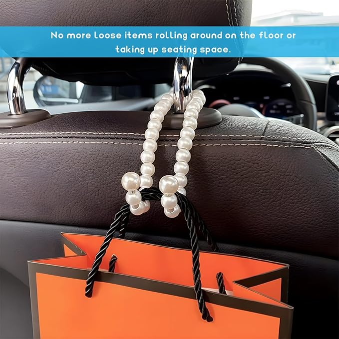 2PCS Car Seat Headrest Hook, Elegant Pearl Auto Back Seat Hanger Cute Purse Storage Organizer, High Load-Bearing Headrest Hook Exquisite Chic Holder for Handbags Coats Keys