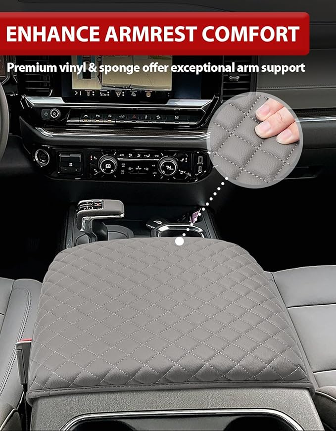 KBH Center Console Armrest Cover for 2019-2026 Chevy Silverado & GMC Sierra, 2021-2026 Tahoe & Suburban & Yukon Accessories, Vinyl Leather, Gideon Gray (Fits Bucket Seat Console Only)