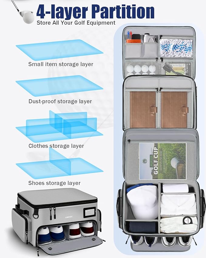 LOINTET Golf Trunk Organizer, Waterproof Car Golf Locker with Separate Ventilated Compartment for 2 Pair Shoes, Golf Storage for Balls, Tees, Cap, Clothes, Gloves, Accessories, Gifts for Men, Women