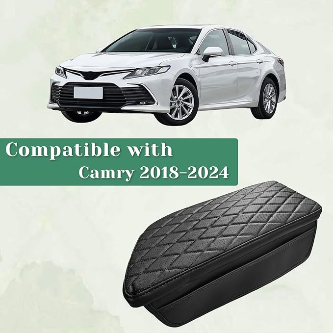 Center Console Armrest Cover Compatible with Toyota Camry 2018-2024 Leather Middle Console Arm Rest Box Protector Cushion Padding with Side Pockets Anti-Scratch Black