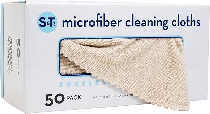 S&T INC. 50 Pack Microfiber Cleaning Cloth with Box, Bulk Towels for Home, Reusable Microfiber Towels for Cars, Cleaning Rags, Beige, 190gsm, 11.8 Inches x 11.8 Inches, 50 Count