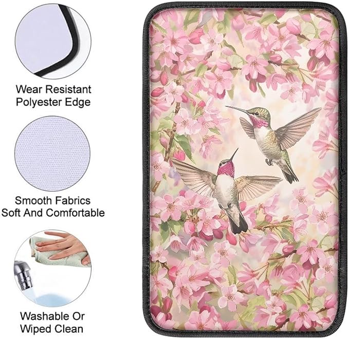 Pink Flower Hummingbirds Universal Center Console Armrest Soft Pad Protector Cover Center Console Cushion Fits for Most Vehicle,SUV,Truck Car Accessories