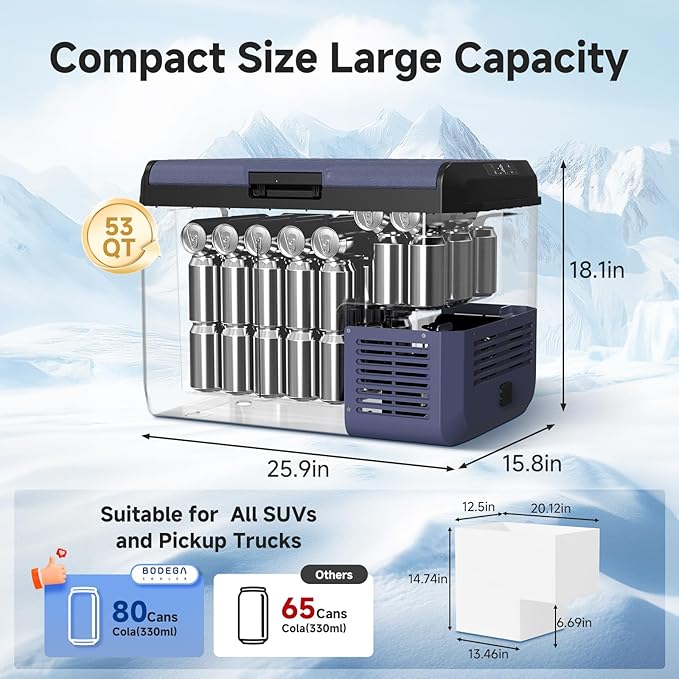 BODEGACOOLER 12 Volt Car Refrigerator, 53QT(50L) IPX4 Waterproof Electric Cooler, 31dB Ultra-Quiet Car Fridge APP Control with 12/24V DC 110-240V AC, -4℉~68℉, Portable for Truck RV Camping, Travel