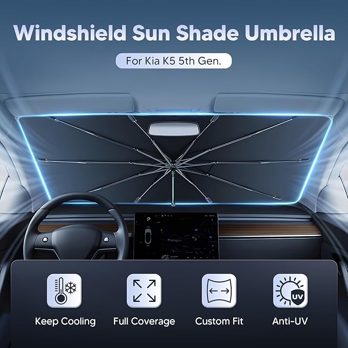 Autorder Windshield Sun Shade Umbrella for 2021-2025 2026 Kia K5 Accessories,Upgraded Ice Crystal Material,Easy Setup Umbrella Sunshade for Car Windshield,100% Sun Blocking