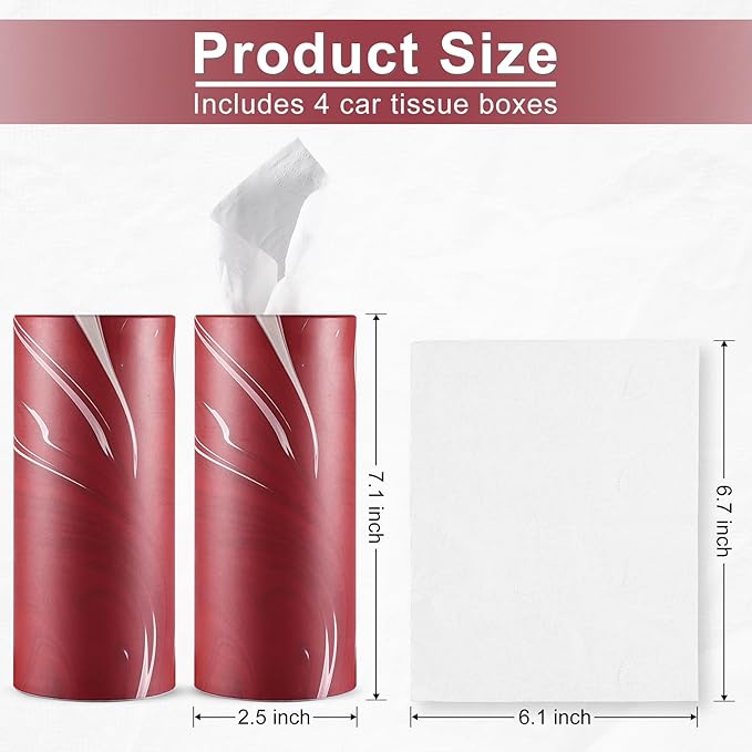 SINGARO Car Tissue Holder, 4 Pack Car Cup Holder Facial Tissues with Travel Tissue Bag, Quick and Convenient Flower Combination Car Tissue Box(4 Canisters/200 Tissues) Red