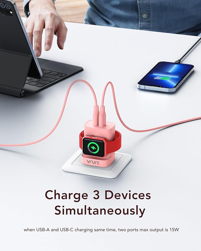 VRURC Charger for iPhone & Apple Watch, 20W USB C Fast Charging Block, 3-in-1 Compact Travel Adapter with 2 Port for iPhone 17/16/15/14/13, Wireless Magnetic for iWatch SE/11/10/9/8/7/6/5/4-Pink