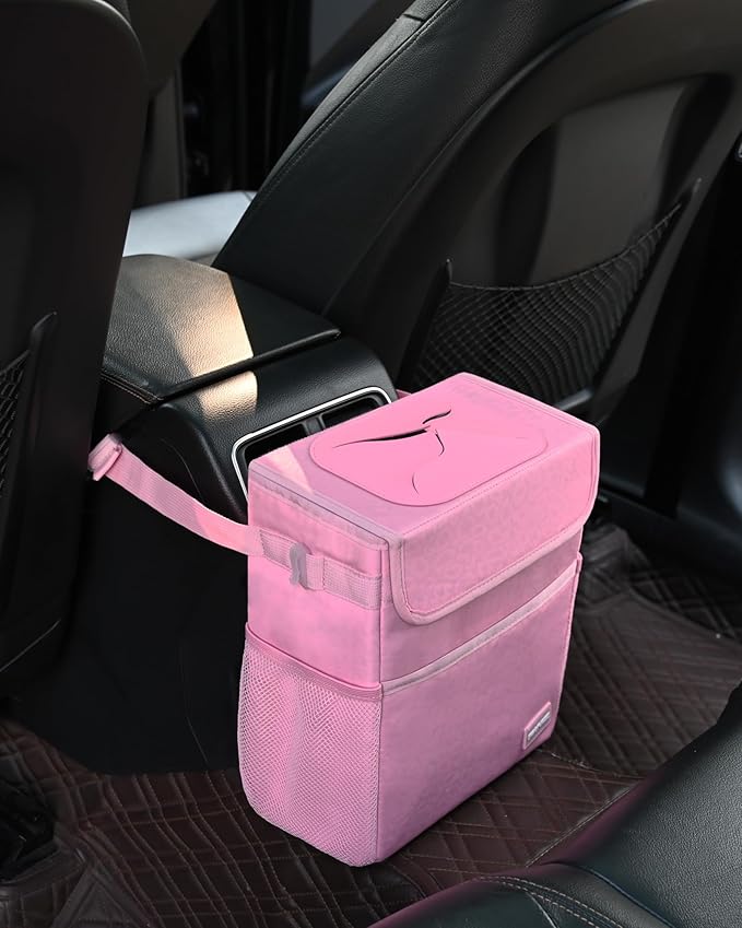 SIBOFUEGO Car Trash Can Cute - Multifunctional Interior Car Accessory for Women, Car Organizer and Storage with Adjustable Straps, Car Stuff Storage 2 Gallons (Leopard-Print Pink)