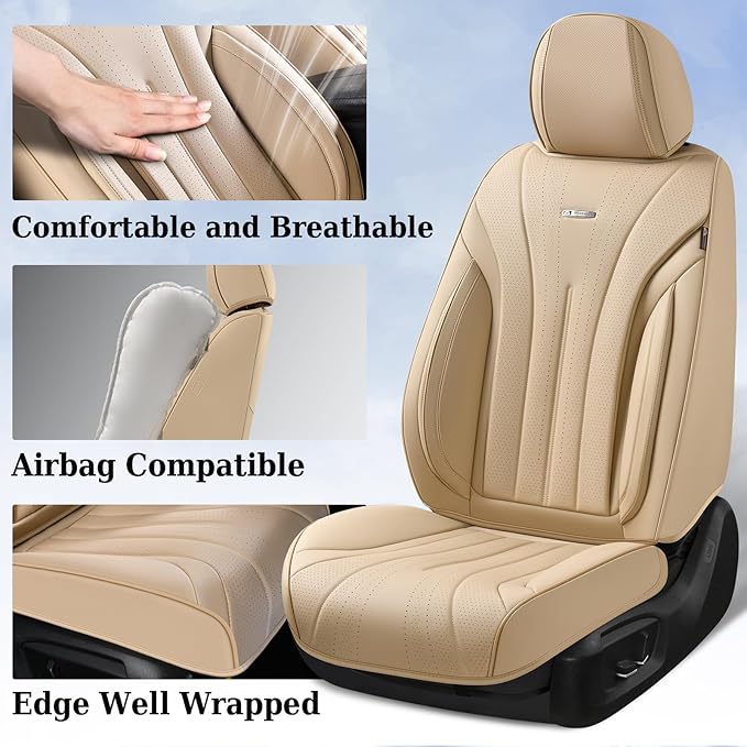 Coverado Car Seat Covers, Front Seat Covers for Cars, 2 Pack Beige Leather Seat Covers, Universal Seat Covers Front Seat, Automotive Seat Covers Waterproof Car Seat Protector Fit for Most Vehicles