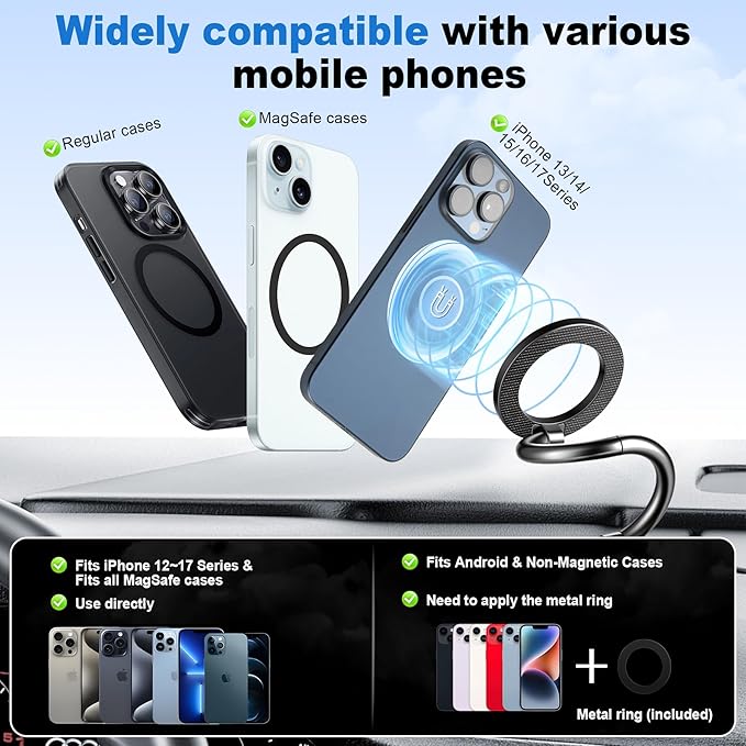 LivTee Vacuum Magnetic Phone Holder for Your Car, The 360° Adjustable Suction Cup Phone Mount with a Sleek Metallic & Carbon Fiber Design, Features a 3000gf Magnet, Fits Magsafe, Fits iPhone & Android