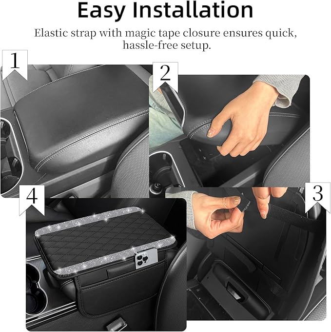 NBTEPEM Bling Car Center Console Cover, Leather Car Arm Rest Cover Cushion with 2 Storage Bags, Universal Auto Armrest Protector Storage Box, Bling Accessories Interior for Most Vehicles (Silver)
