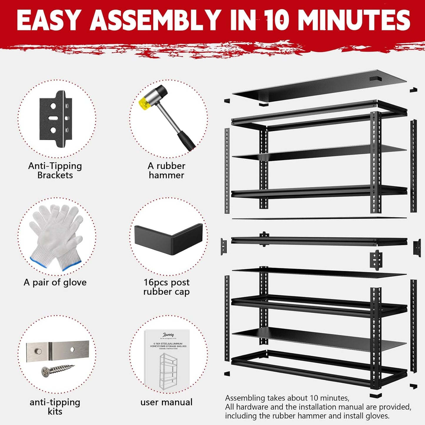 Heavy Duty Garage Shelving Unit 3000LBS, Adjustable 5-Tier Storage Rack with Boltless Design, 48" W*18.9" D*72" H Metal Shelves for Basement, Garage & Warehouse Storage