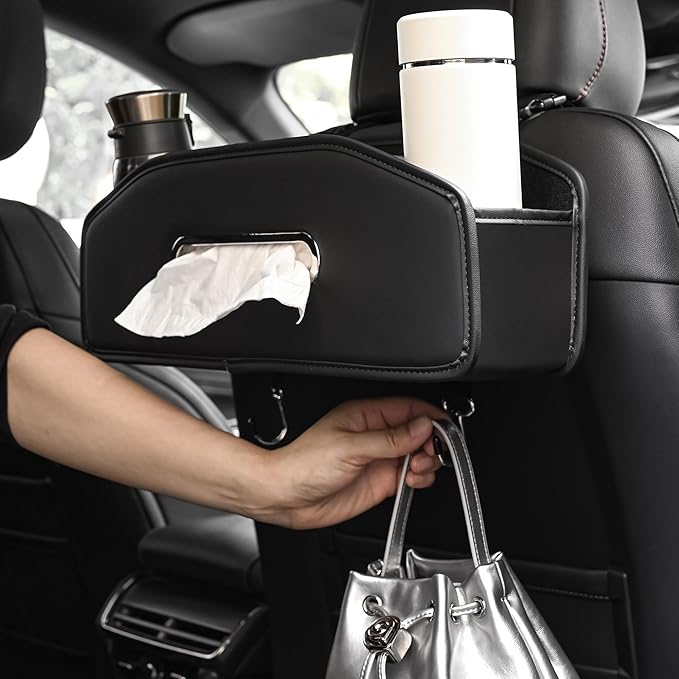 JEYODA Car Seat Back Organizer with 2 Drink Cup Holder,Car Tissue Holder and Storage Box Hook, 3 in 1 Multifunctional Storage for Food Drink Phone, Travel Accessories (Black)