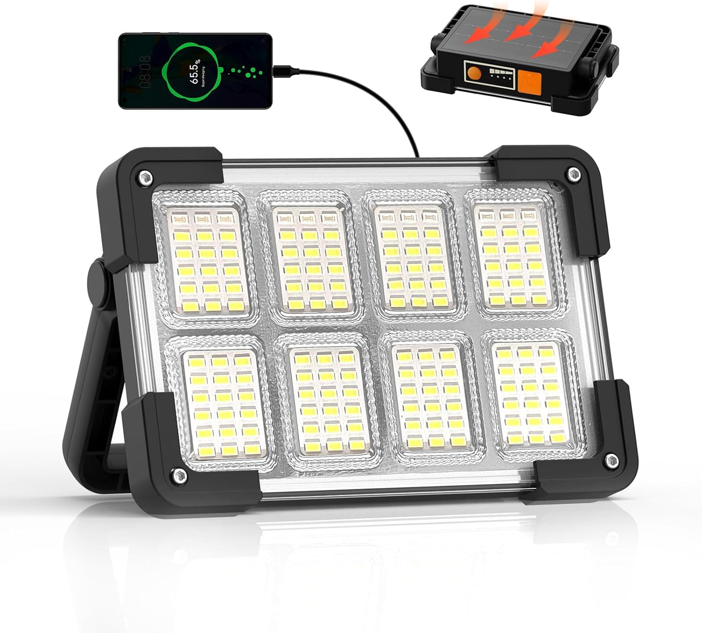 120W Solar Rechargeable Work Light, 144 LED 10000LM Led Work Light with 4 Modes, Portable Flood Light with Stand, IP66 Waterproof Outdoor Working Light for Emergency Mechanic Camping Repair (Black)