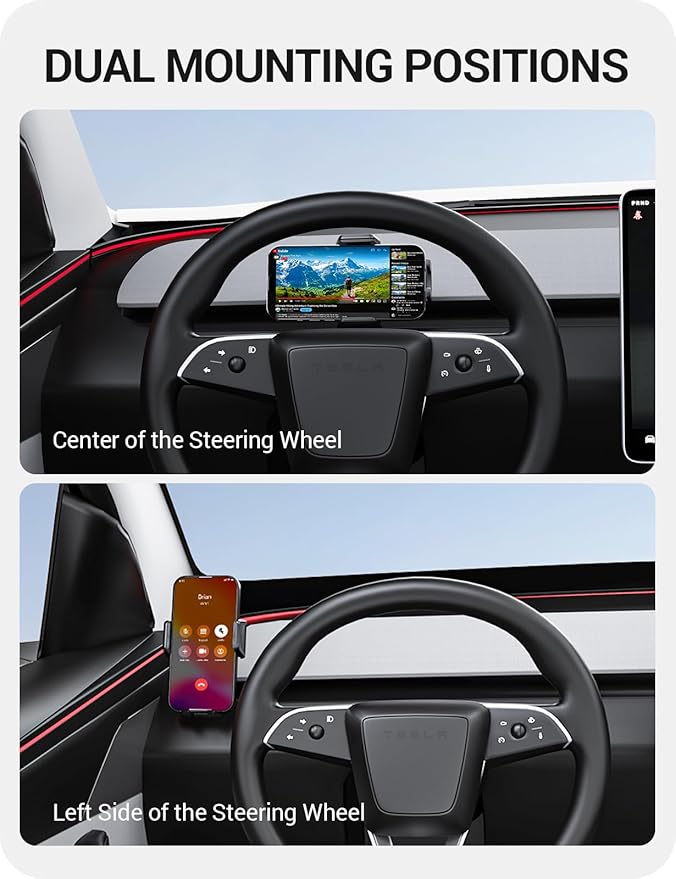 BASENOR Phone Mount for 2025 2026 Tesla Model Y Juniper/Model 3 Highland, Dashboard Phone Holder Does Not Block View [No Adhesive][Dual Arms][360° Adjustable] Tesla Accessories Fit All Smartphone
