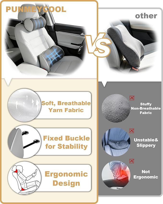 Car Lumbar Support and Neck Support Headrest Pillow Kit, Ergonomic Memory Foam Cushion for Sciatica & Tailbone Pain Relief – Fits Car Seat, Office Chair & Wheelchair