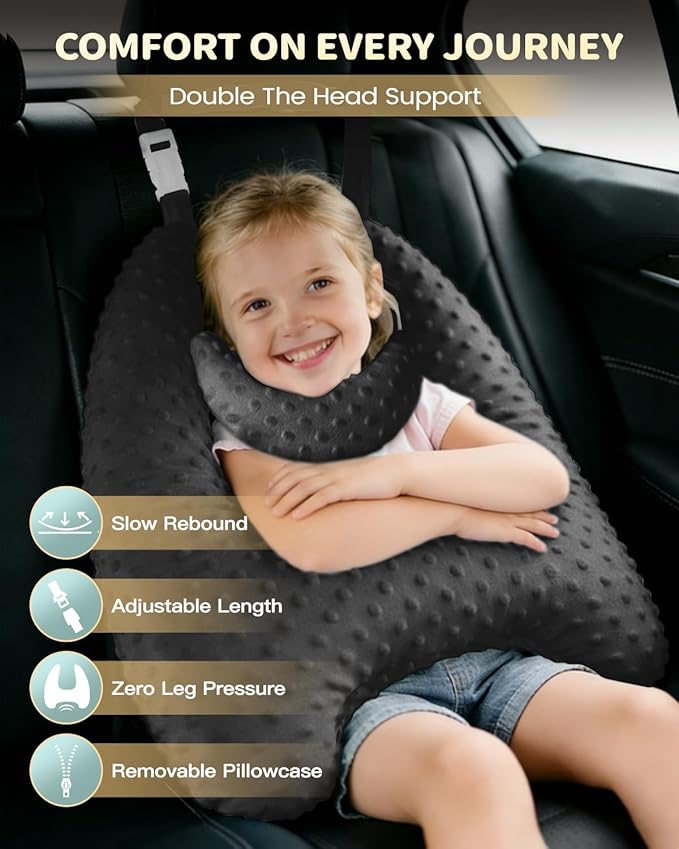 Memory Foam Kids Travel Pillow, Car Pillow for Kids, H-Shape Car Pillows for Sleeping, Removable Pillowcase, Adjustable, Velvet Dots, Black