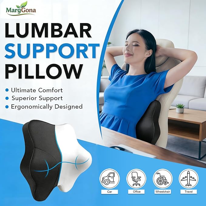 Lumbar Support Pillow for Office Chair & Car - Ergonomic Memory Foam Lower Back Cushion with Breathable Polyester Cover Adjustable Straps for Desk, Gaming, Wheelchair - Relieves Back Pain (Black)