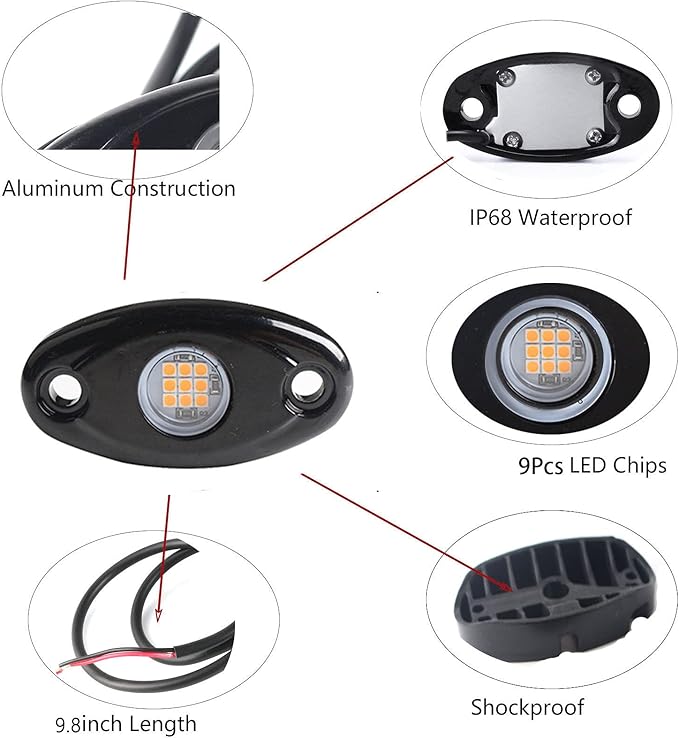 4Pods LED Rock Lights Amber Yellow LED Neon Underglow Light for Car Truck ATV UTV SUV Boat Underbody Glow Trail Rig Lamp