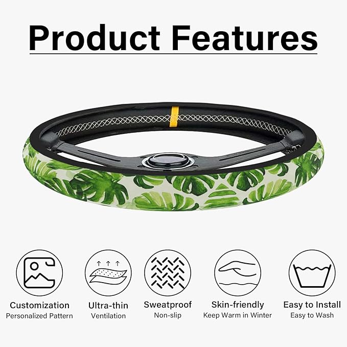 Green Palm Leaves Steering Wheel Cover, Cute Print Steering Wheel Cover Protector, Ultra Thin Breathable Non-Slip, Car Accessories for Women, for Steering Wheel with a Diameter of 14.5"-15"