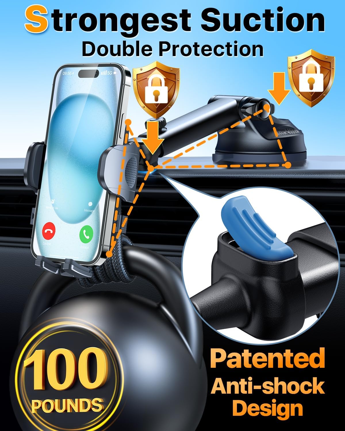 HTU 2025 Best Car Phone Holder 【Ultimate 5-in-1 & Upgraded 100+LBS Strongest Suction】【True Military-Grade & Safety Cert】 360° Windshield Dashboard Vent Mount Stand for iPhone Android & Truck, Red