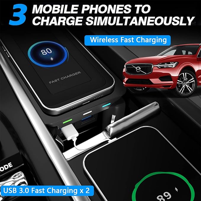 Wireless Car Charger for Volvo XC90 XC60 S90 S60 V90 V60 2017-2022 Hybrid SPA Accessories, 15W Fast Charging Phone Charger Pad with QC3.0 USB Port for iPhone 12/13/13 Pro Galaxy S22/S21