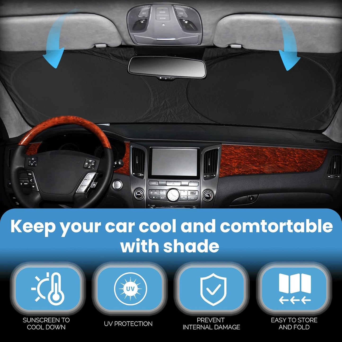 Custom fit Audi Q7 Windshield Sunshade for 2016-2023 2024 2025 2026 Audi Q7 SUV Shades Cover for Windshield Sun Visor Screen Protector 210T Reflective Blocks UV Rays Cool Car Accessories