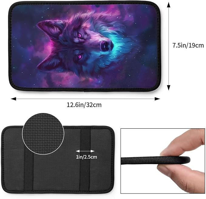 Car Center Console Cover Purple Wolf Print Polyester Fabric Car Armrest Cover Cool Animal on Galaxy Nebula Universal Car Interior Accessories for Most Vehicles SUVs Truck Sedans