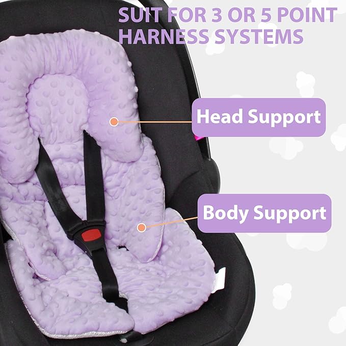 Infant Carseat Insert, 2-in-1 Reversible Baby Car Seat Cushion for Newborn Toddler Head & Body Support Car Seat Pad for Carseats, Strollers, Swings, Bouncers(Purple)