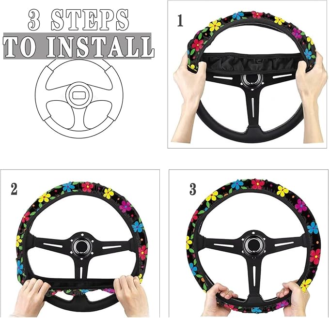 AFPANQZ Colorful Flowers Steering Wheel Covers 14-15" inch Universal Fit Most Car Sedans SUVs Comfort Grip Comfortable Handmade Neoprene Breathable Steering Wheel Protector