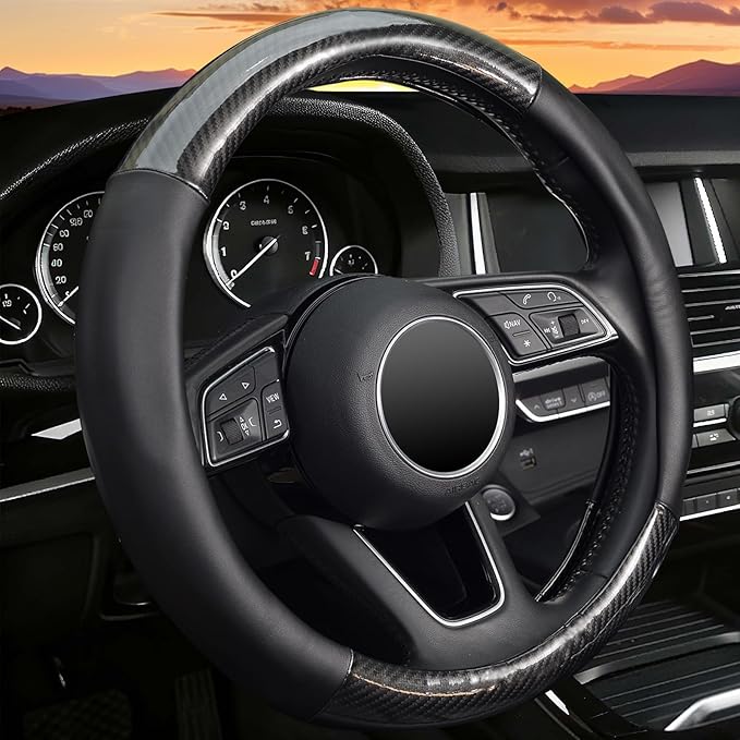 ZHOL Steering Wheel Cover, Universal 15 Inch Fashion Sport Microfiber Leather Carbon Fiber Auto Car Steering Wheel Cover for Men, Anti-Slip Car Interior Accessories, Black