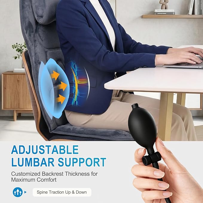 Back Massager with Heat, Full Body Massage Pad with Pillow Neck Support, Soft Plush Fabric Cover, Chair Massager with 3D Lumbar Truction and 8 Vibration Motors, Home Office Use