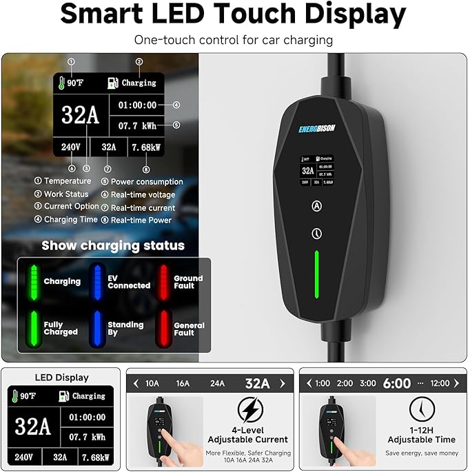 Level 2 EV Charger, 32A/7KW Electric Vehicle Portable Charger with 25FT Cable, Home EV Charging Station, 240V NEMA 14-50 Plug, for All SAE J1772