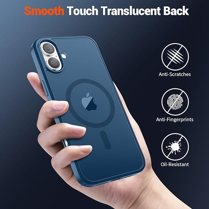 SUPFINE Magnetic for iPhone 16 Case with Screen Protector (Compatible with MagSafe) (Military Grade Drop Protection) Translucent Matte Shockproof with Anti-Fingerprint Phone Case,Deep Blue