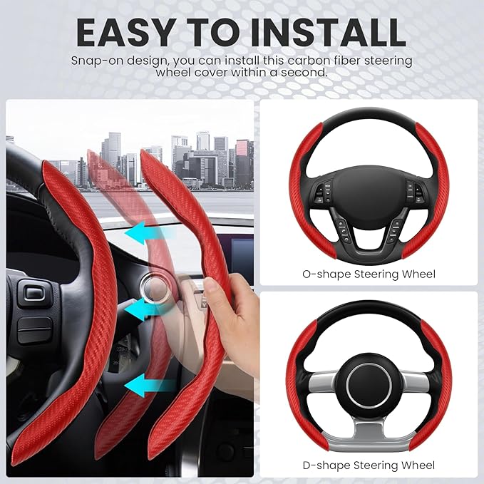 GSPSCN Universal Car Carbon Fiber Steering Wheel Cover Anti-Skid,Butterfly Steering Wheel Cover,Non-Slip Segmented Steering Wheel Protector,Fit for 99% Cars,Car Interior Accessories (Red)