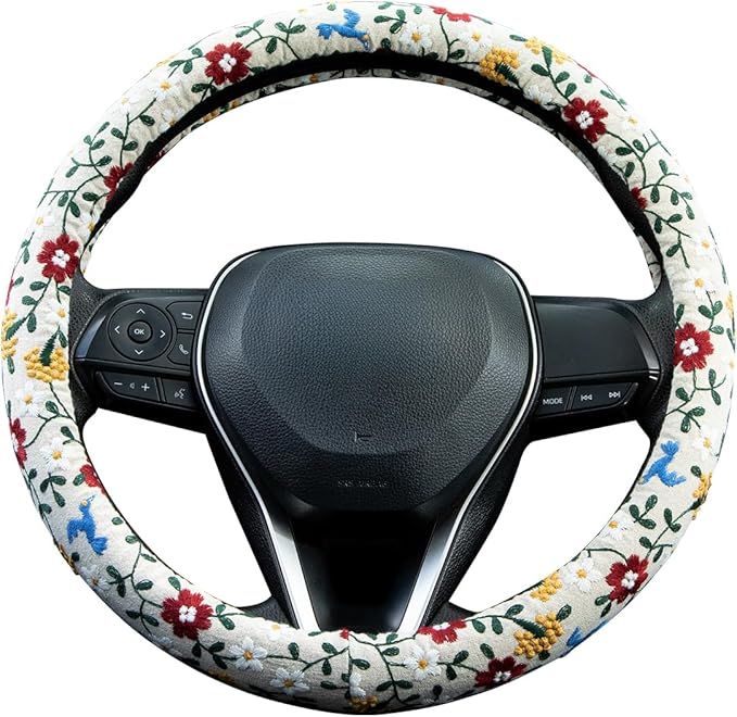 Embroidered Red Flower and Cute Daisy Steering Wheel Cover Auto Anti-Slip Breathable Rubber Steering Wheel Protector,Floral Car Accessories for Women,Universal Size Fit Most Cars -15 inch