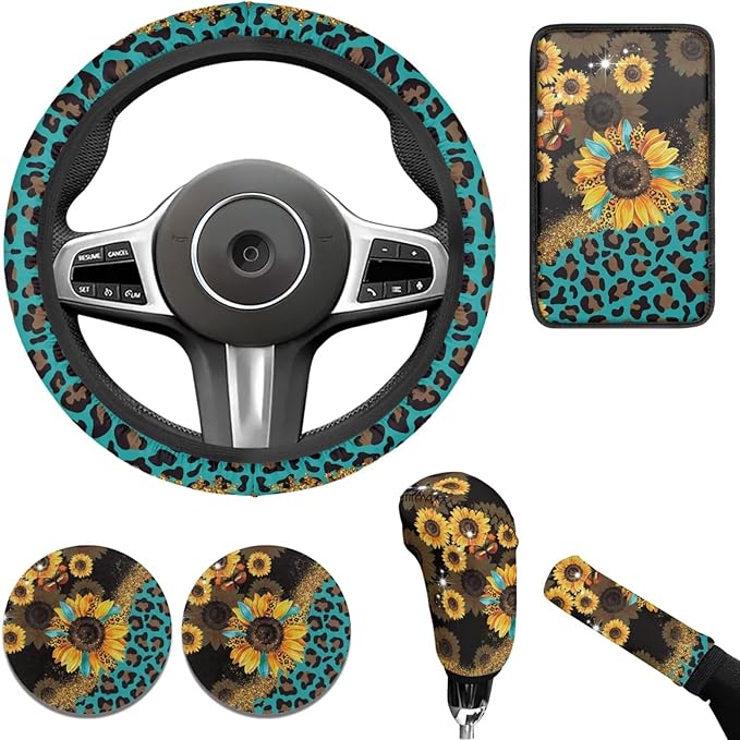 Sunflower Print Car Steering Wheel Cover Set for Men Women Leopard Print Auto Accessories 6 Pcs Sets Car Armrest Cover Handbrake Cover Suit for Most Cars Truck Vans SUV