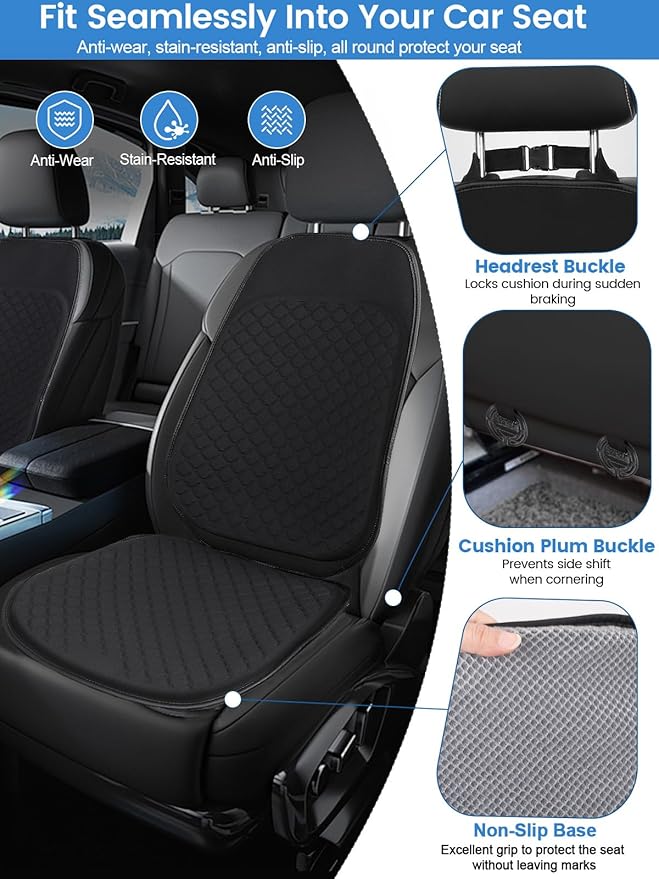 Breathable Car Front Seat Cover Sets Protector Pad Gel Seat Cushion with Non-Slip Bottom for Automotive Chair Wheelchair Golf Cart Drivers Office Home Long Sitting Use Summer Winter Black 1 PACK