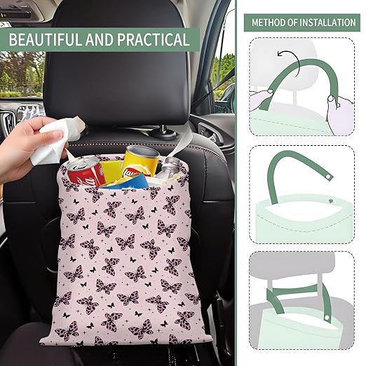 Cute Car Trash Can, Hanging Canvas Car Back Seat Organizer and Storage Bag, Funny Car Trash Bag For Travelling, Outdoor Cute Purple Butterfly leopard