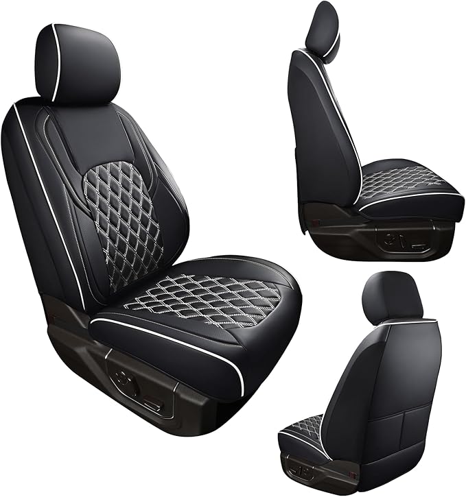 Huidasource Tacoma Front Car Seat Covers, Leather Seat Cushion Cover Fit for 3rd Gen Toyota Tacoma 2016-2023 Double&Crew Cab SR,SR5, Limited,TRD Pro, TRD Sport, TRD Off-Road(Front Pair/Black&White)