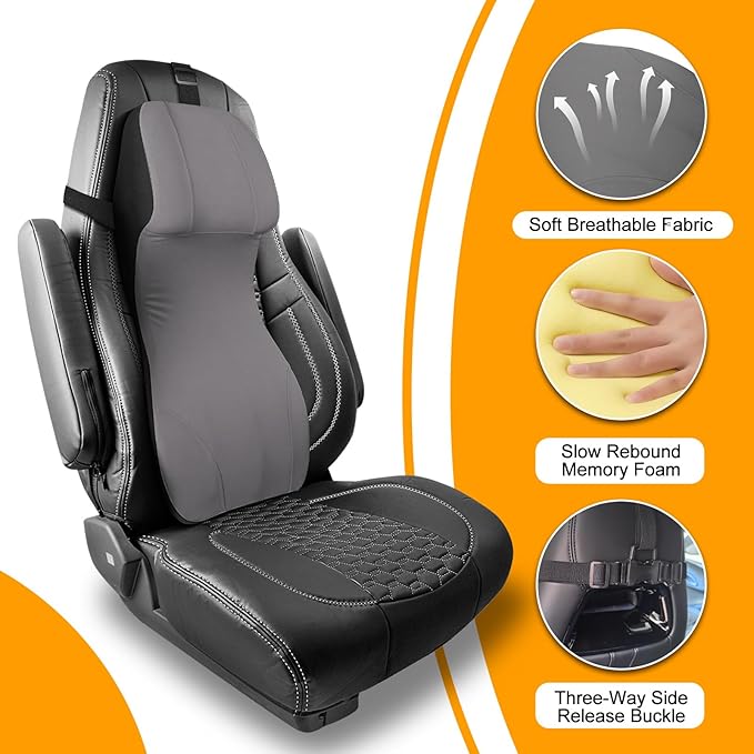 Lumbar Support Pillow for Car with Headrest, Memory Foam Integrated Lumbar Support Cushion for Neck and Back, Fits for Semi Truck Motorhome Van Pickup, Gray