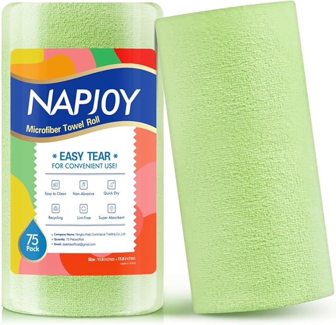 Napjoy Microfiber Cleaning Cloth Roll, 75PK Easy Tear Away Reusable Paper Towels, 12" x 12", Lint-Free and Scratch-Free with Patented Fiber Technology Microfiber Towel Roll, Green
