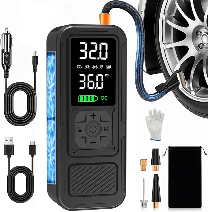 Y34 Tire Inflator Portable Air Compressor,4X Faster Inflation,10000mAh Cordless/12V DC 150PSI Air Pump for Car Tires with Digital Pressure Gauge/LED Light for Car,Motorcycle,Bike,Ball