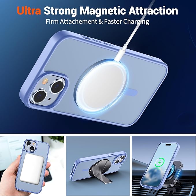 SUPFINE Magnetic for iPhone 15 Case (Compatible with MagSafe) (Military Grade Drop Protection) Slim Translucent Matte Shockproof with Anti-Fingerprint Phone Case, Blue Purple