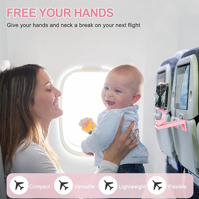 Perilogics Airplane Phone Holder Mount Universal in Flight Hands Free Viewing with Multi-Directional Dual 360 Degree Rotation (Pink)