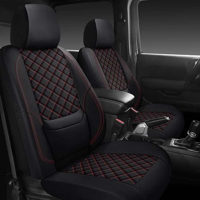 Wrangler Seat Covers 2007-2026 Full Set, Waterproof Leather Interior Sets with Lumbar Support Custom Fit for Jeep Wrangler JK JL 4 Door Unlimited Sahara/Sport/Rubicon X 392 Willys, Black Red