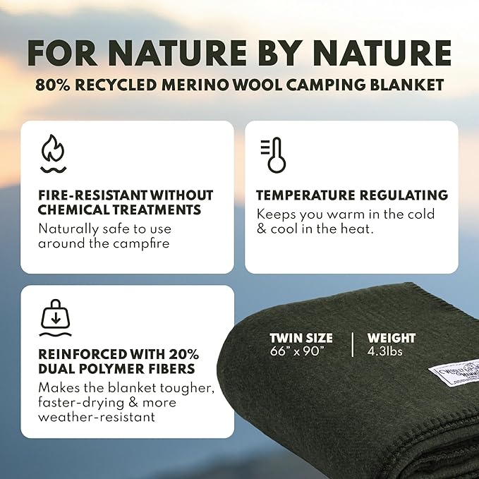 Woolly Mammoth Woolen Company Merino Wool Blanket - 80% Merino Wool - Camping Blankets for Cold Weather - Mositure-Wicking for Overlanding, Hunting, Emergency Kits, Bushcraft (66" x 90" Moss)