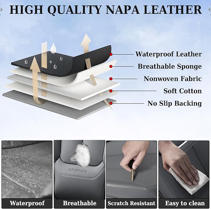 Coverado Universal Seat Covers Front, 2-Pack Universal Seat Covers for Cars, Waterproof Nappa Leather Car Seat Covers with Head Pillow, Auto Protectors Fit for Most Sedans SUV Pick-up Truck-Gray