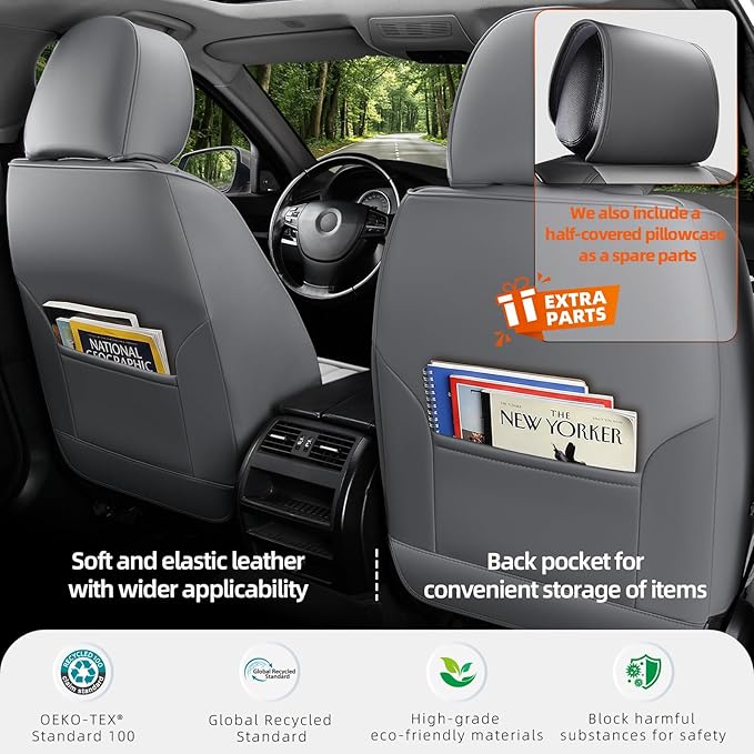 KEYOOG Universal 2-Seater Waterproof Breathable Nappa Leather Car Seat Covers Full Set, Compatible with Toyota Corolla Camry, Lexus LS400, Nissan Murano Rogue, Fit Front Seats Most Sedans SUV- Gray