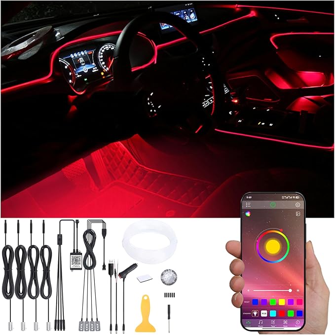 Car Ambient Lighting Kit 64 Colors Multicoloured Music Optic Fiber APP Control Car DIY Decorative Atmosphere Lighting DC 12V 1W 5m